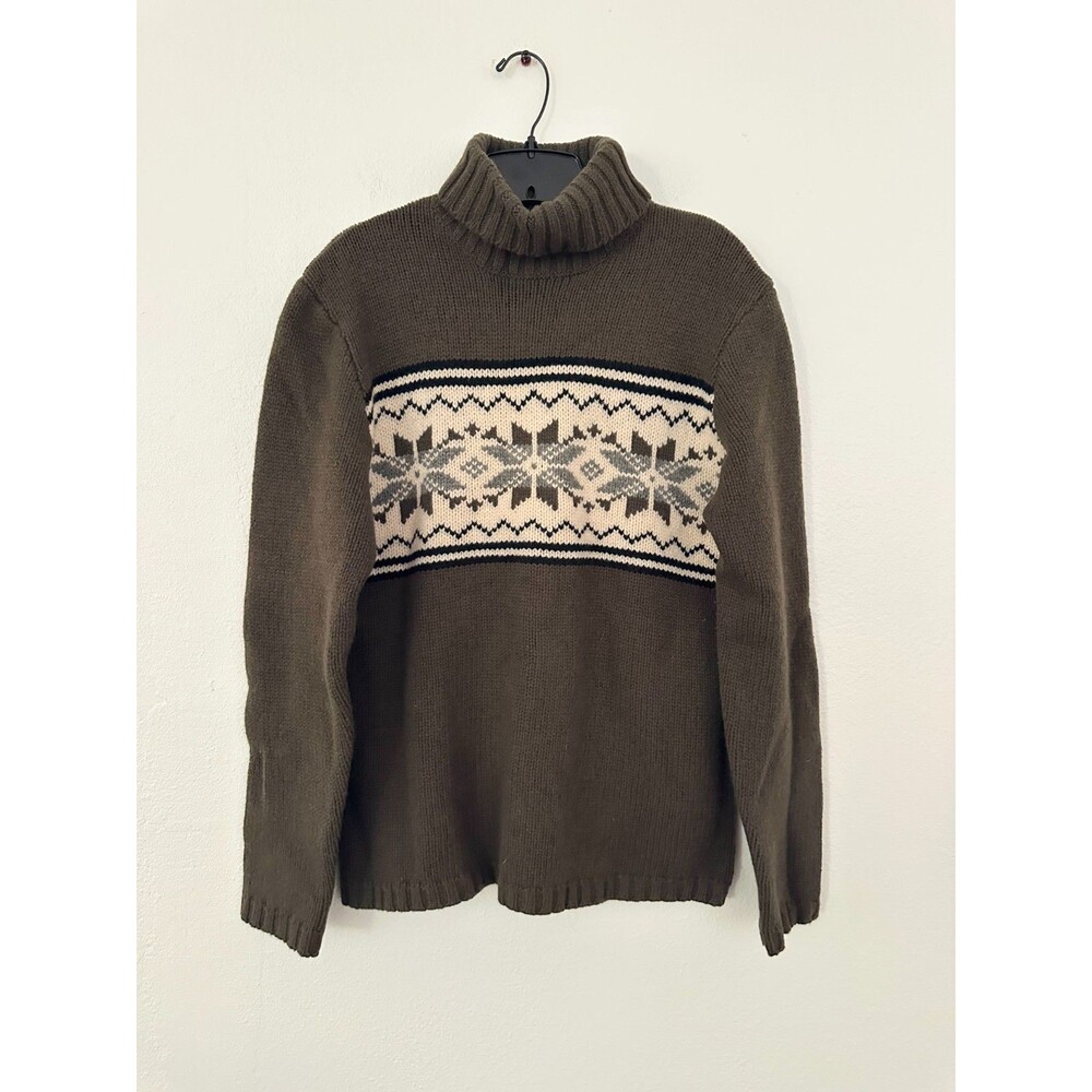 Vtg Old Navy Fair Isle Chunky Knit Turtleneck Sweater Green Wool Camping Women M